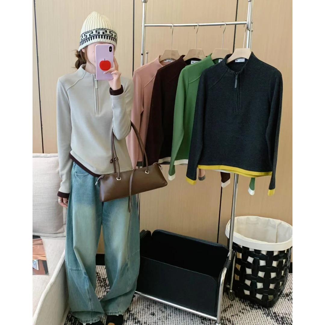 秋冬磨毛半拉链拼色长袖卫衣大码胖MM显瘦德绒发热保暖打底衫上衣