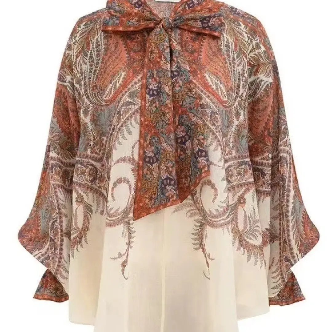 早秋丁香紫佩斯印花真丝时尚上衣