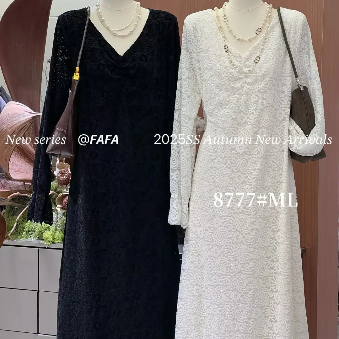 大码微微胖法式V领蕾丝长袖修身气质连衣群