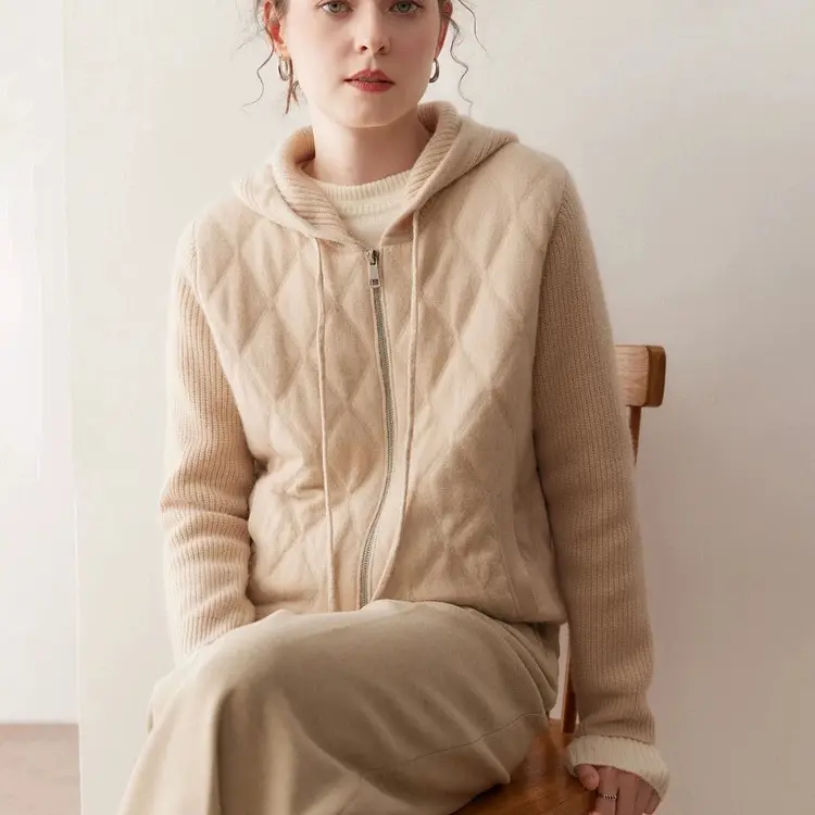 BC同款女2025秋冬新款100%纯山羊绒衫针织开衫加厚连帽双拉链外套