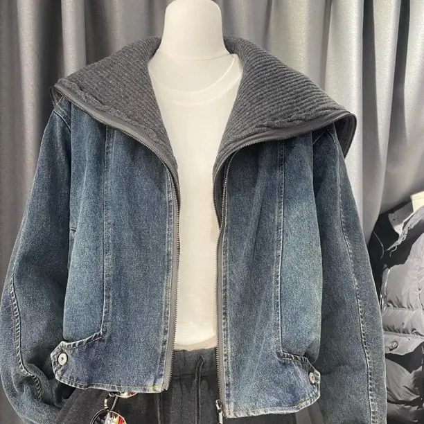 秋冬新款海军领牛仔拼接假两件时尚保暖短款羽绒外套