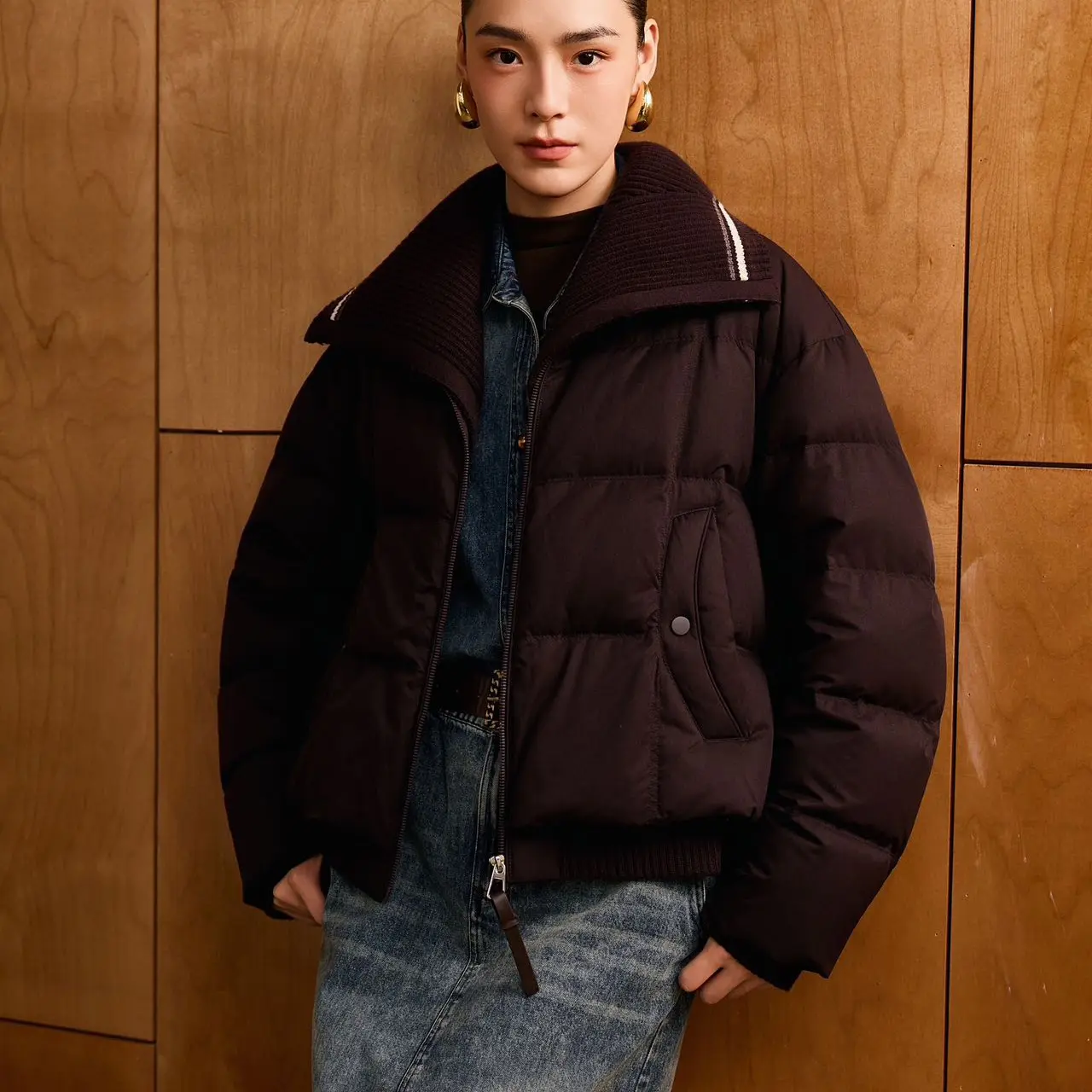 韩美芮6535连帽白鸭绒冬季保暖女士短款大翻领双开头拉链