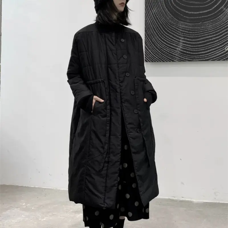 冬季新款韩版宽松保暖中长款女斜襟大扣子抽绳设计感外套