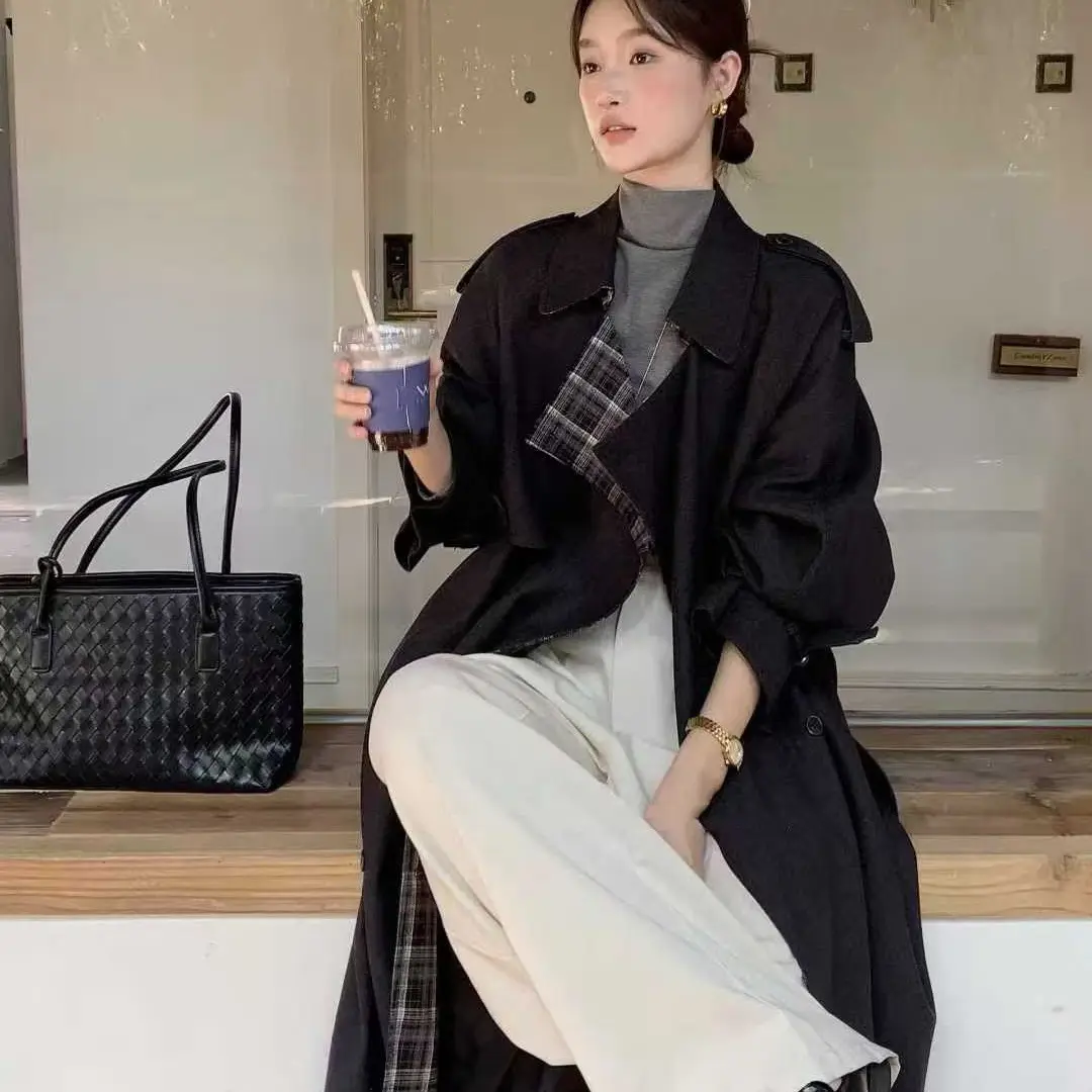 外套翻领格纹长款风衣外套时尚百搭集合