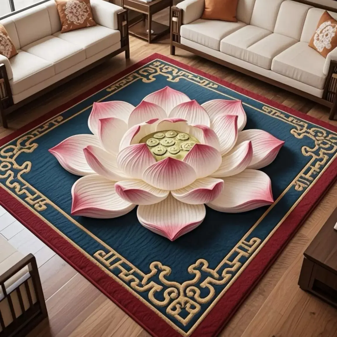 中式莲花荷花水晶绒地毯吸水防滑易打理