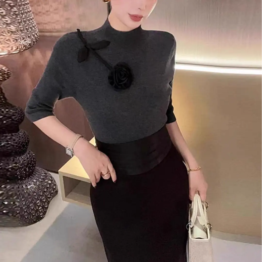（长袖中袖）(秋冬款)设计师针织花朵女毛针织衫打底上衣7781# H