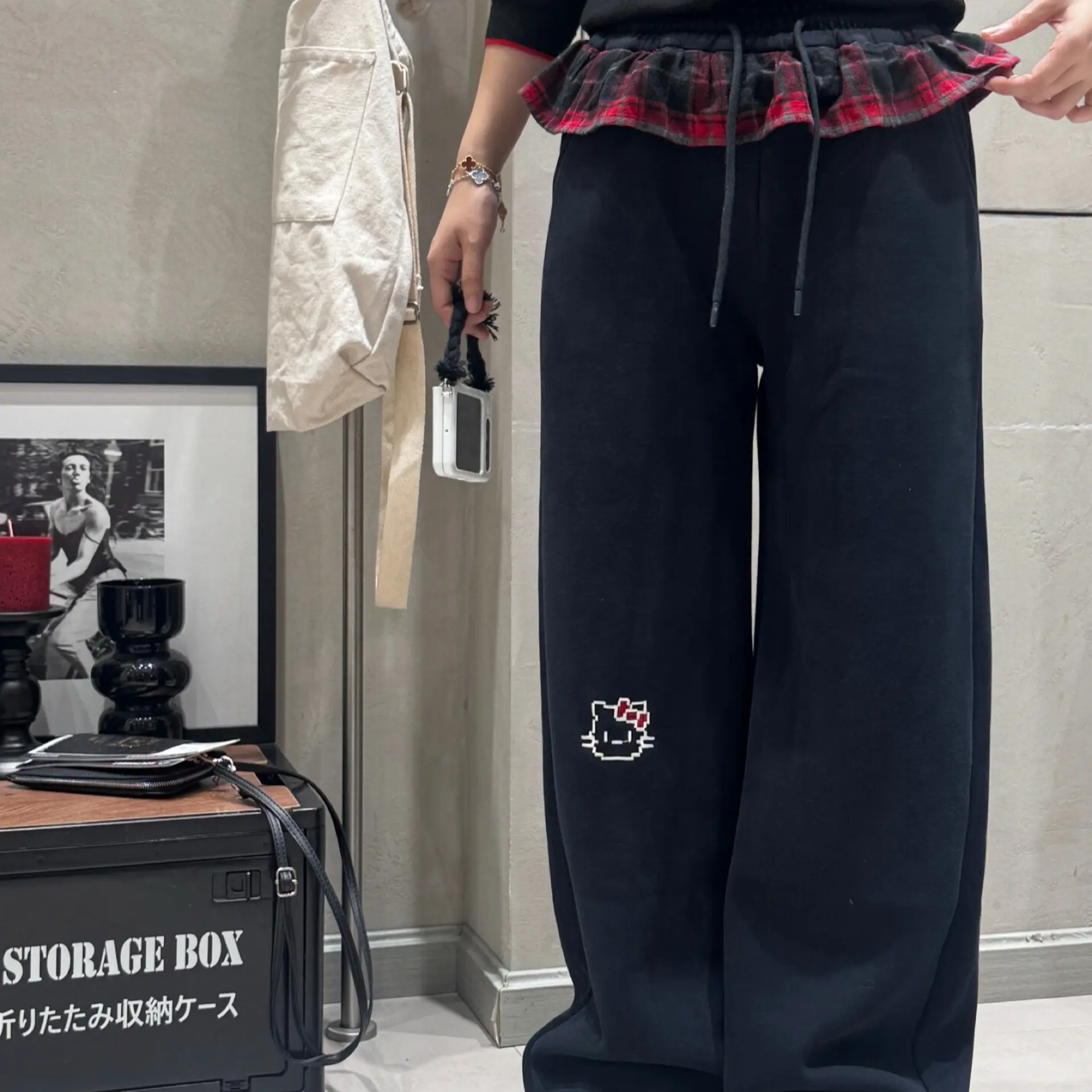 韩系猫咪印花藏青直筒休闲女童冬季新款宽松阔腿裤35092花边长裤