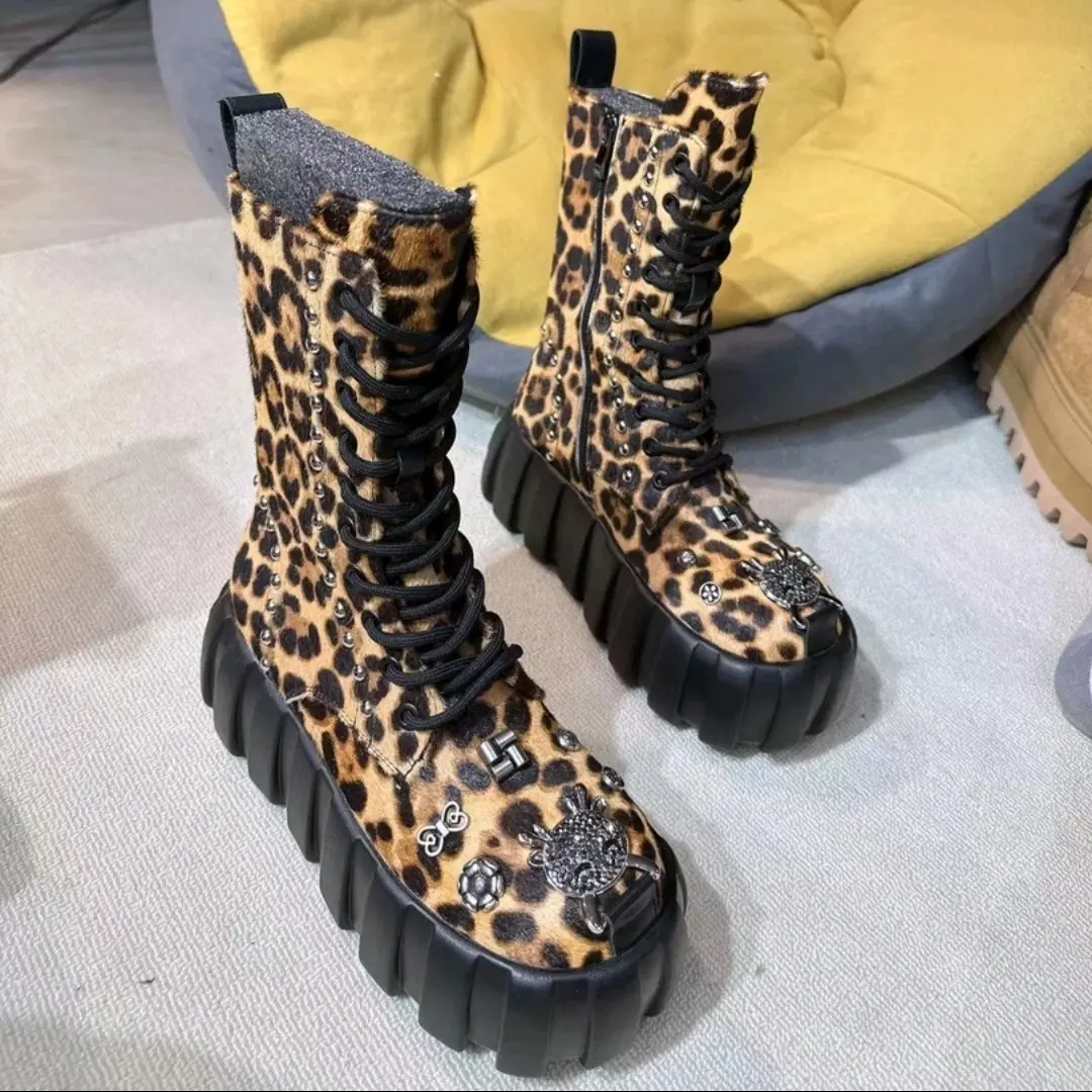 系带厚底豹纹风女士中筒马丁靴增高加绒百搭时尚