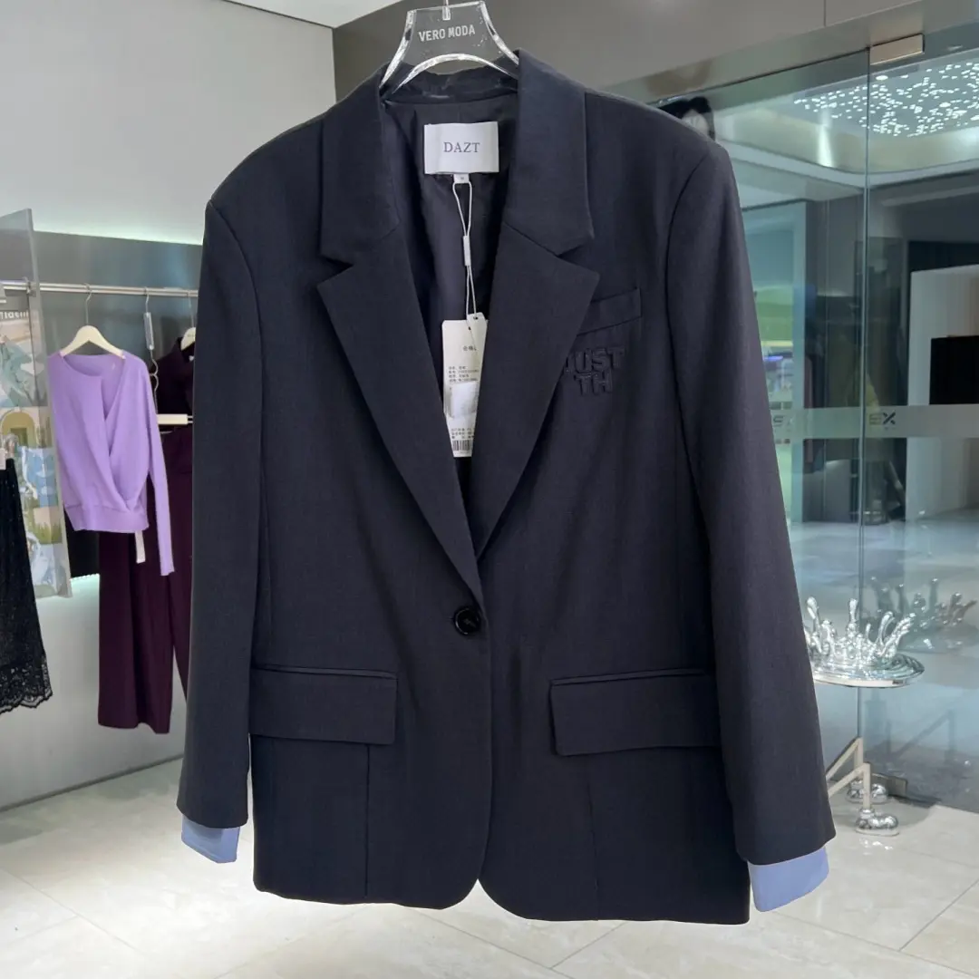 3109韩系休闲慵懒风拼色翻领长袖西装外套秋季新款