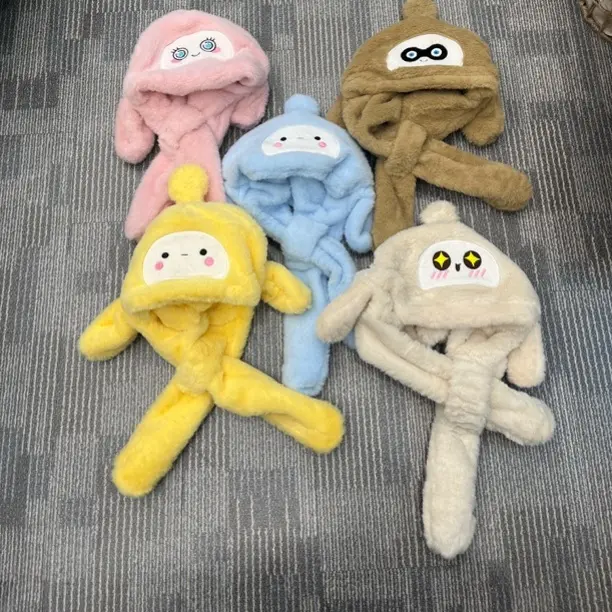 儿童冬季耳朵会动毛绒卡通护耳加绒保暖防风围巾一体帽