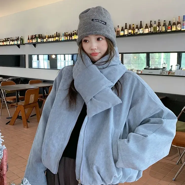 韩版带围脖短款羽绒服女冬季新款加厚保暖