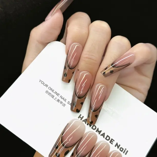 秋冬氛围感焦糖棕豹纹猫眼长款纯手工穿戴甲显白又百搭