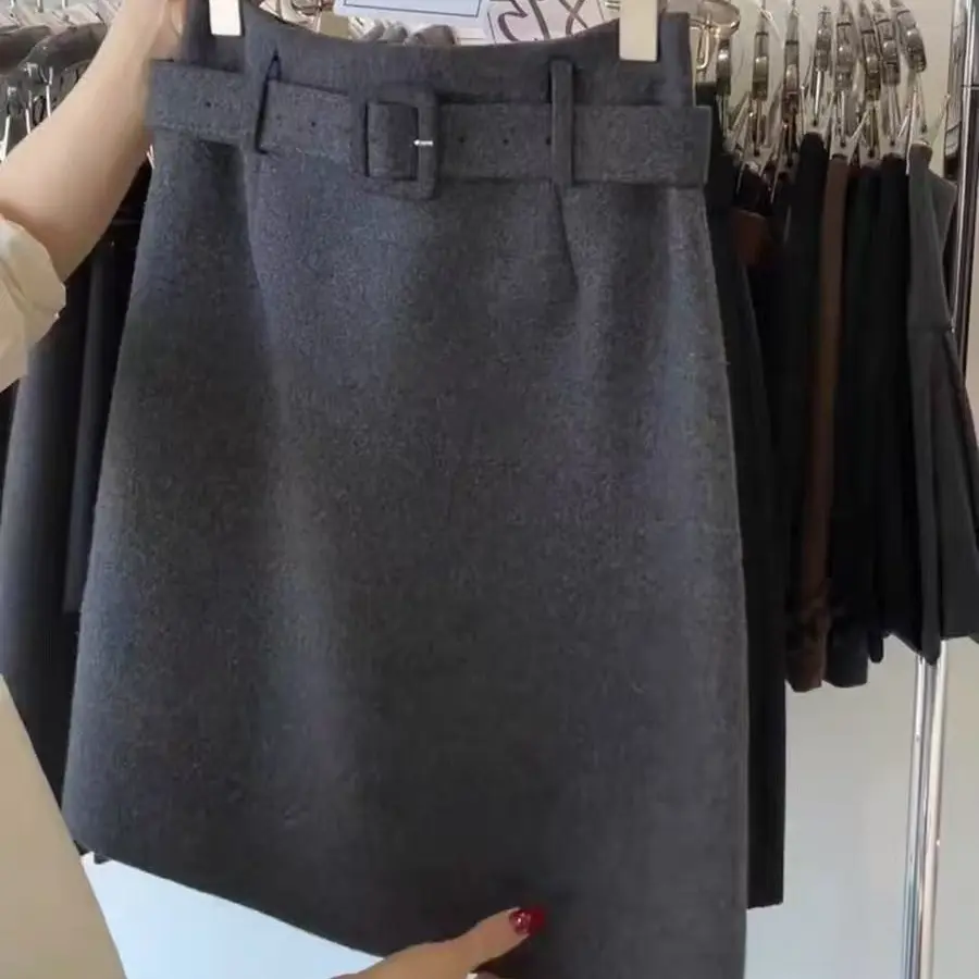 秋冬新款复古高腰显瘦A字毛呢半身裙百搭气质带里衬防走光短裙