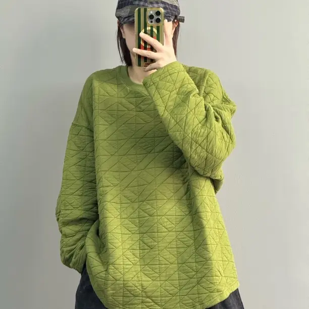 【菱格棉卫衣】设计款双纱螺纹领棉服文艺复古风格