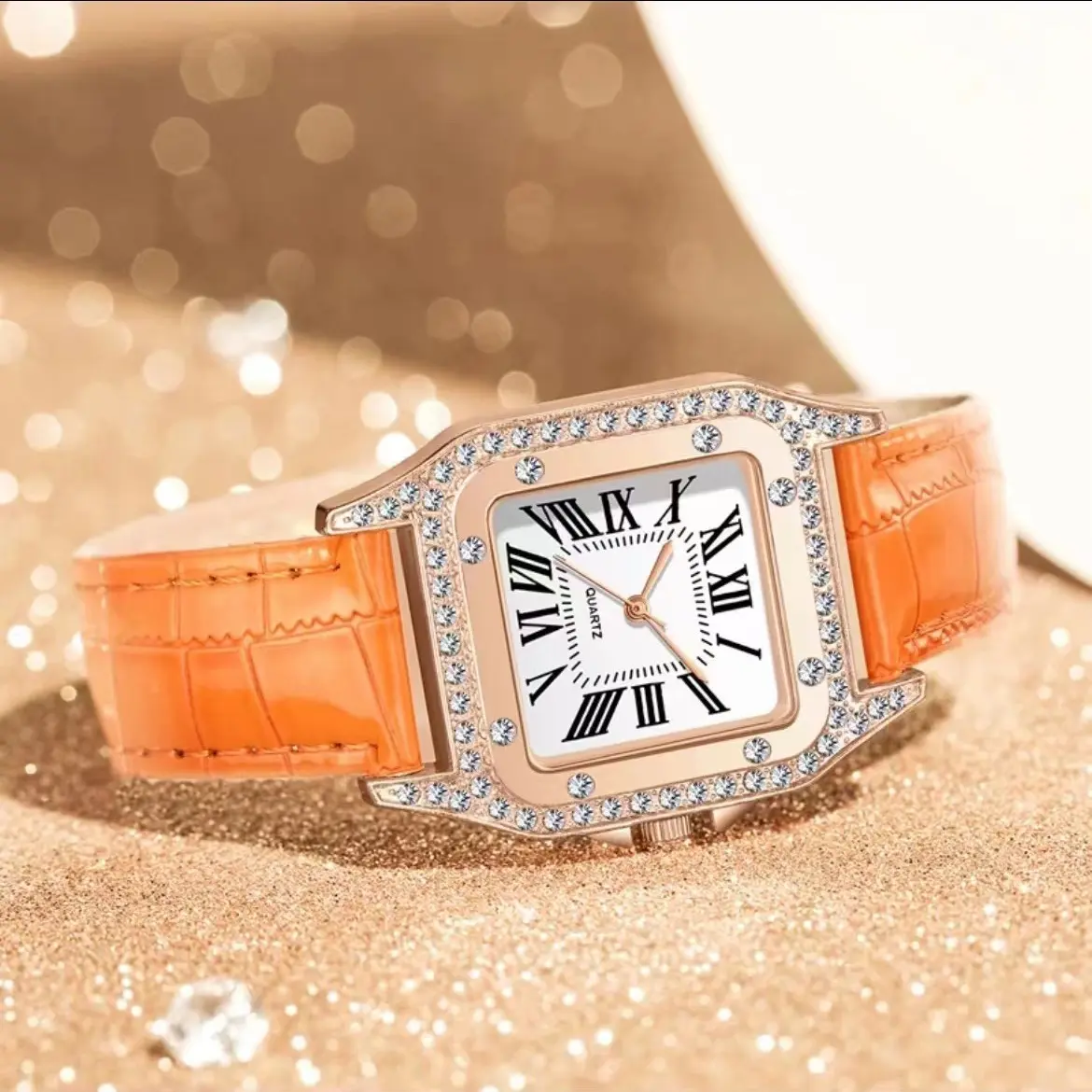 方块橙小香风镶钻轻奢气质简约时尚百搭女士复古腕表