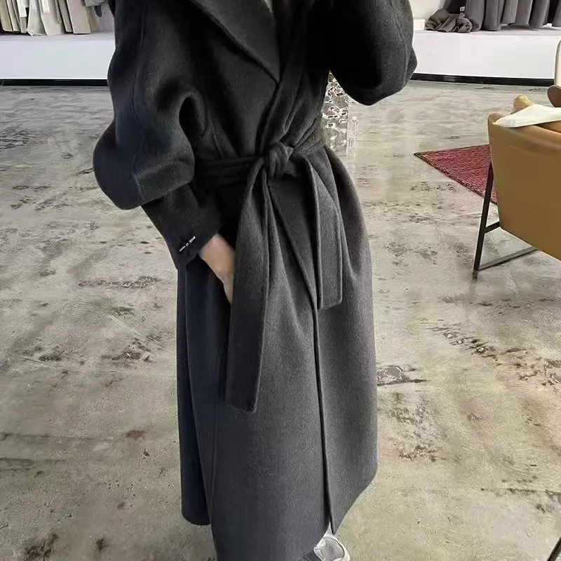 秋冬季中长款连帽浴袍呢双面羊绒呢大衣宽松气质外套