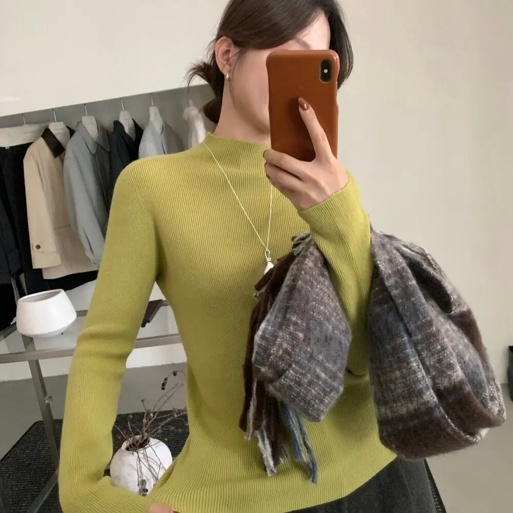 半高领针织衫女秋冬季修身显瘦纯色百搭学院风内搭打底衫堆堆领