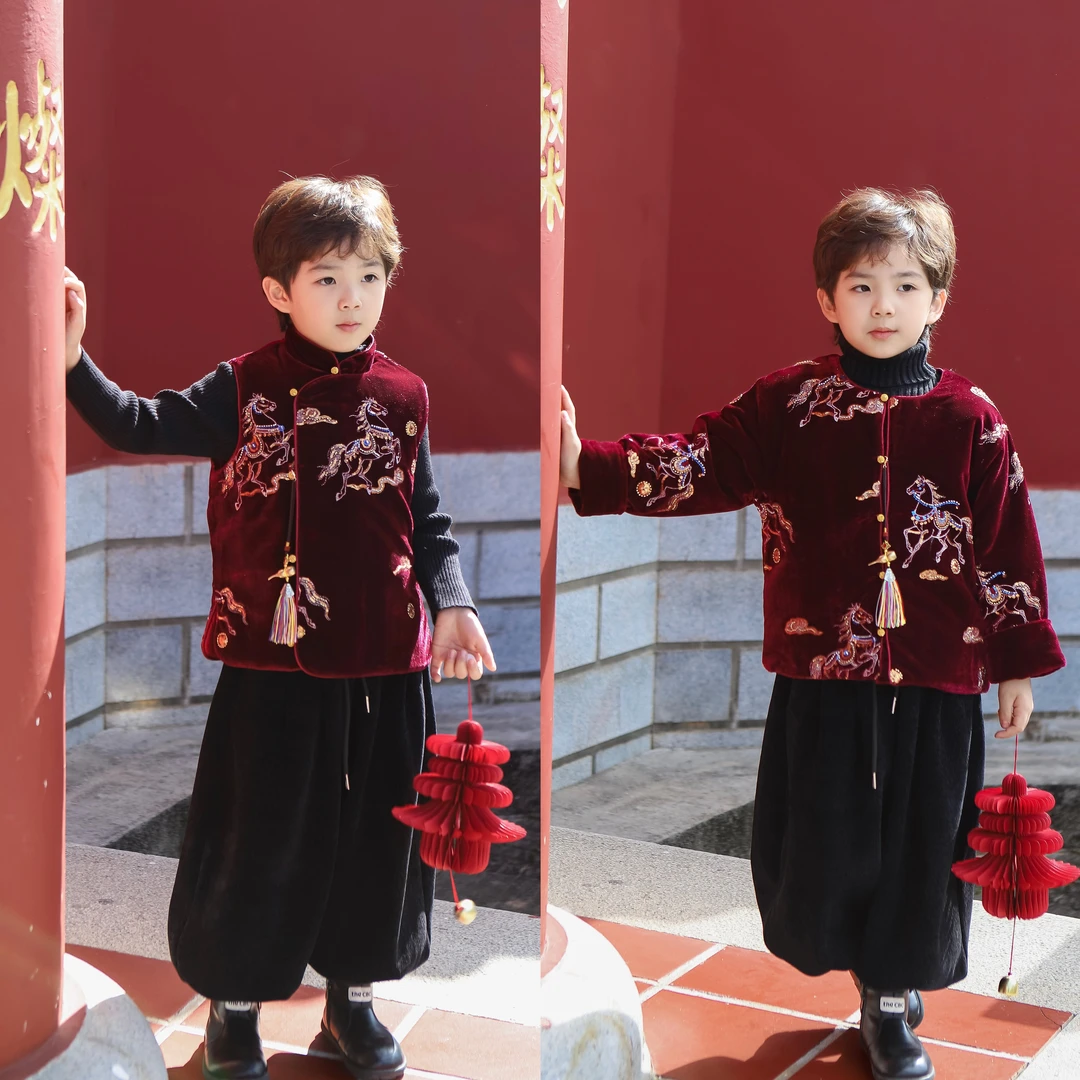 男童唐装拜年服新中式儿童2025新款冬季加绒外套马甲中国风过年服