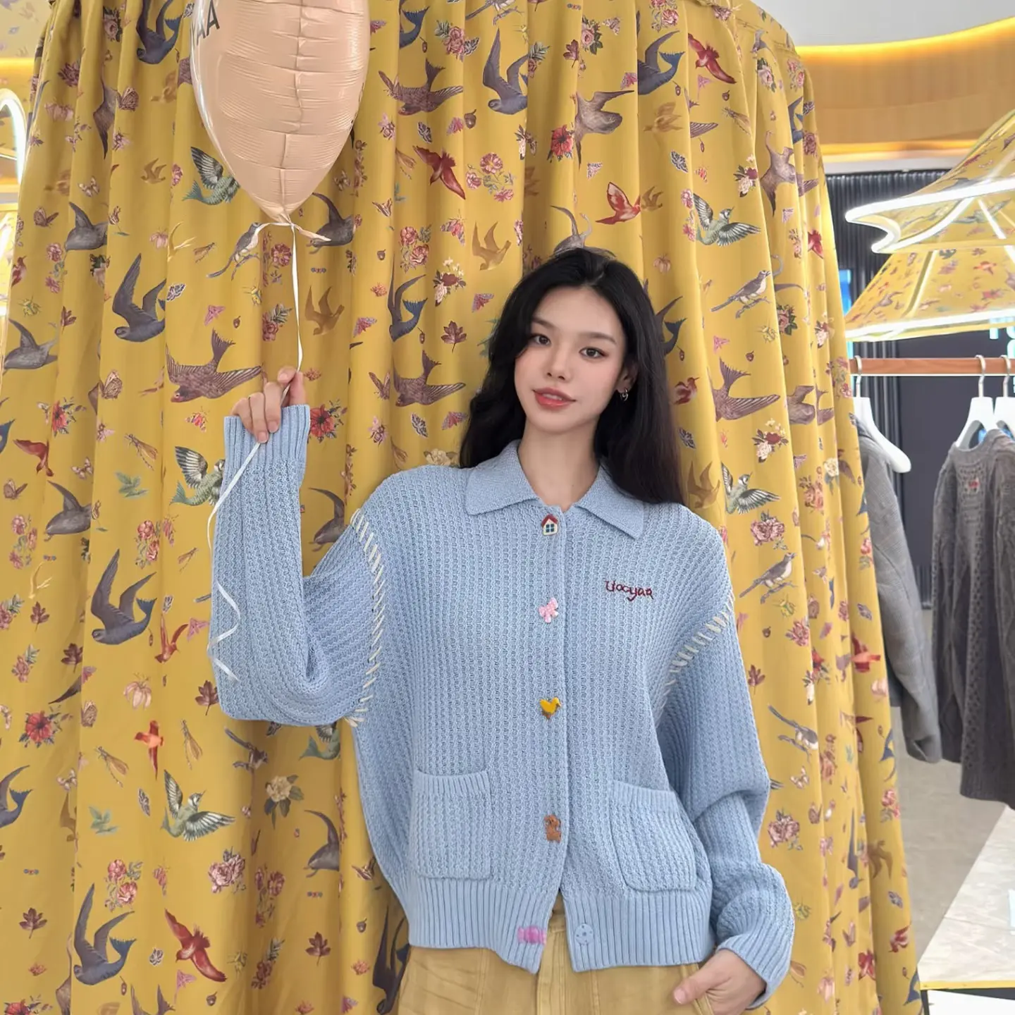 纯尾～清货款蓝色清新趣味纽扣复古毛开衫秋冬款