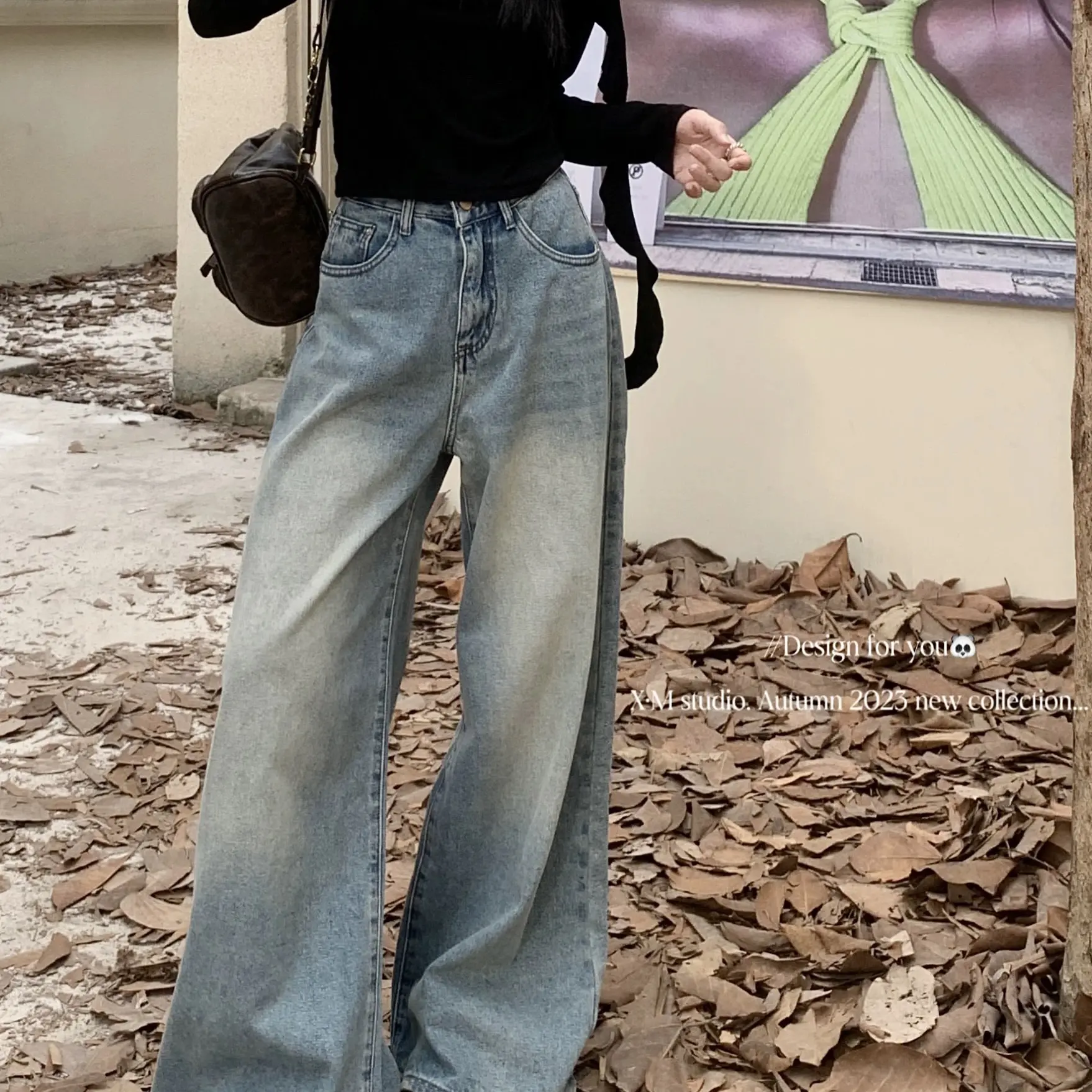 美式复古高腰阔腿牛仔拖地裤女款宽松显瘦百搭垂感好