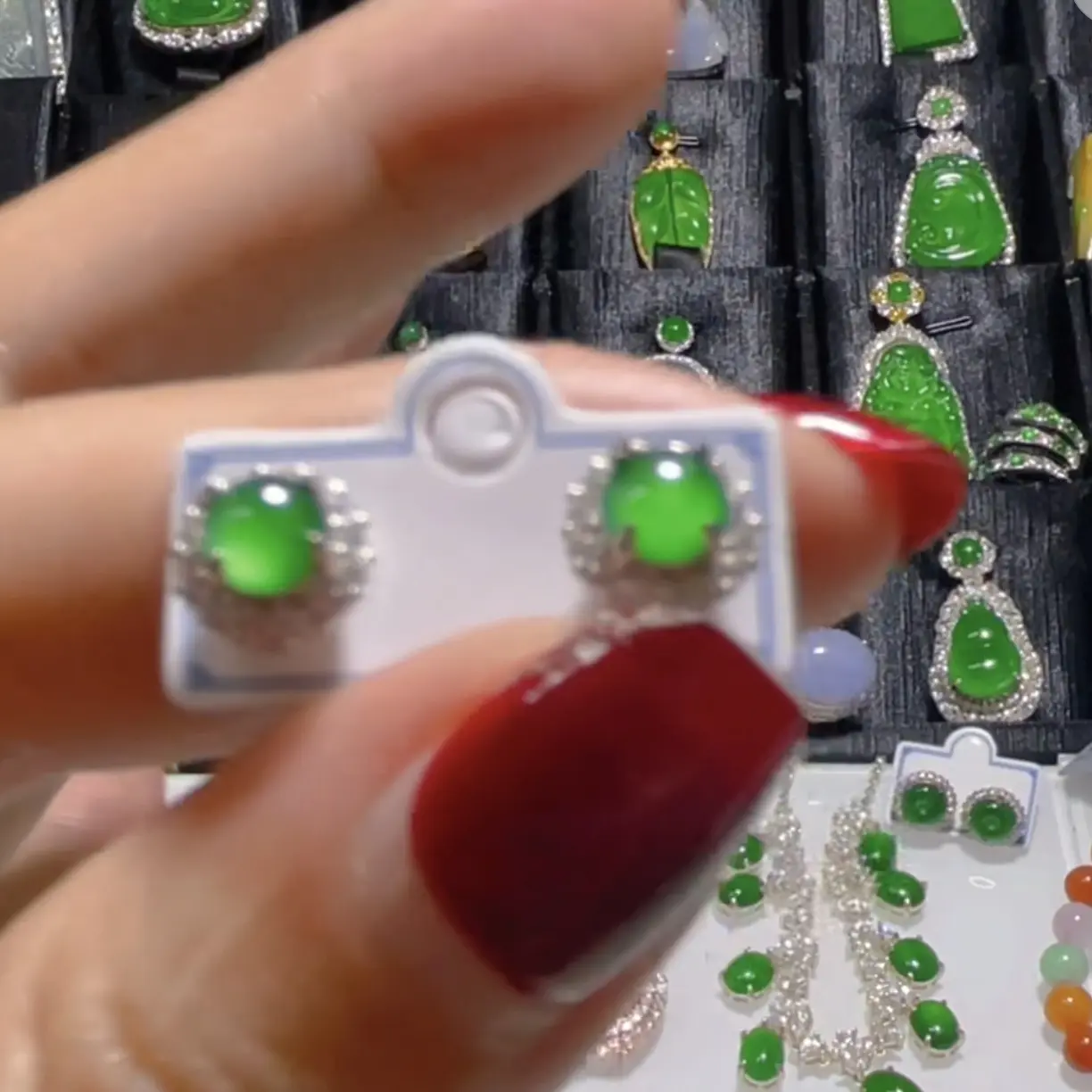 翡翠绿满色公主方耳钉轻奢国风耳饰