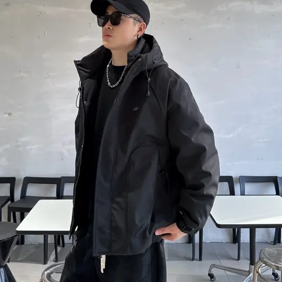 大码男装连帽棉服冬季纯色防风户外休闲潮流保暖工装外套