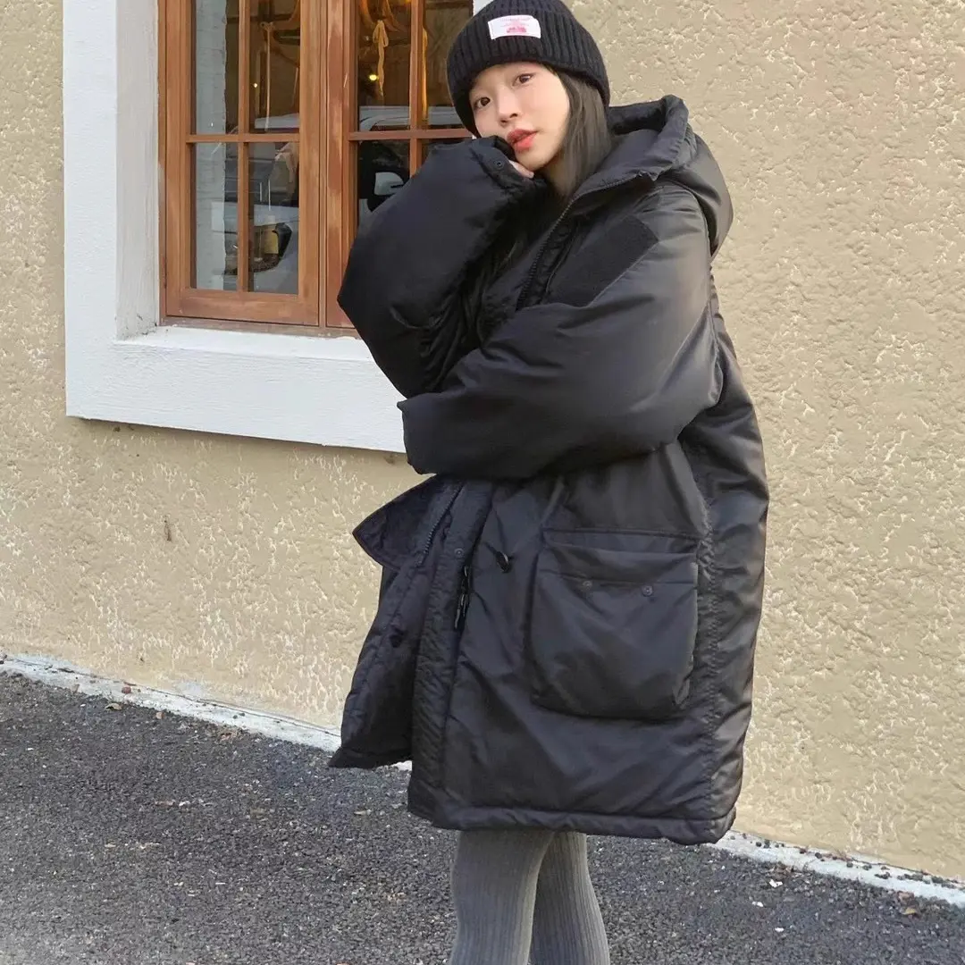 冬季新款韩版宽松中长款加厚保暖连帽工装机能风派克棉服外套女