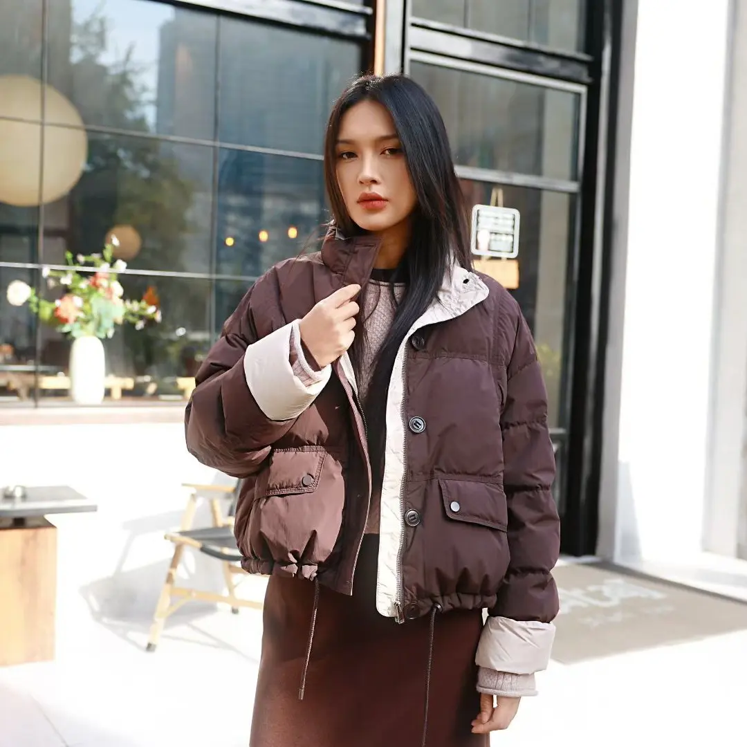 冬季短款撞色立领女韩系时尚加厚保暖白鸭绒面包服设计感流行