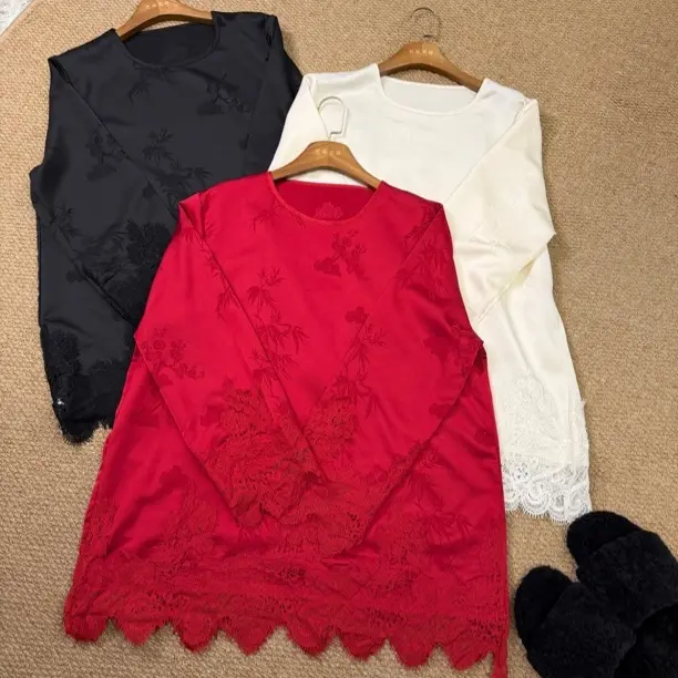 {蕾丝袖大衫}新中式大码提花蕾丝拼接宽松打底T恤衫秋冬新款