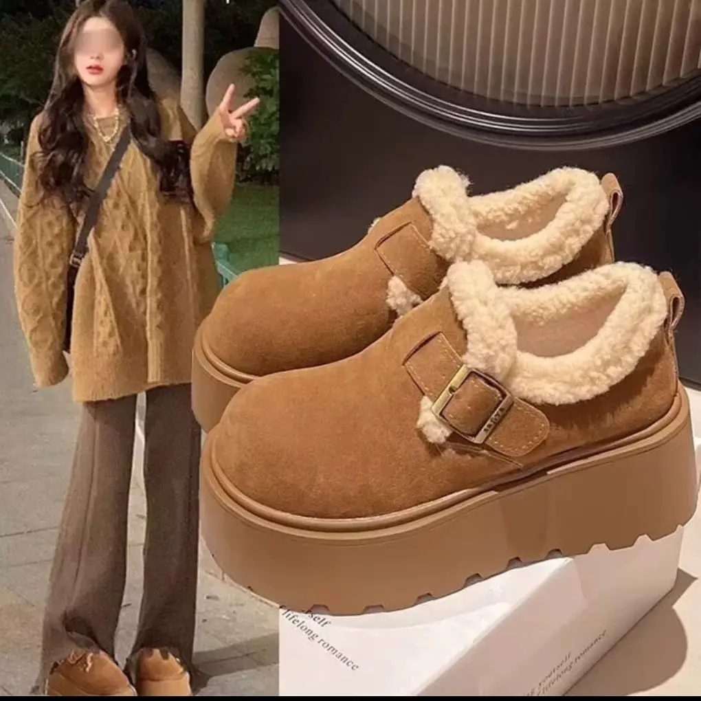 网红复古增高厚底勃肯鞋女冬季加绒加厚保暖毛毛雪地棉鞋乐福鞋