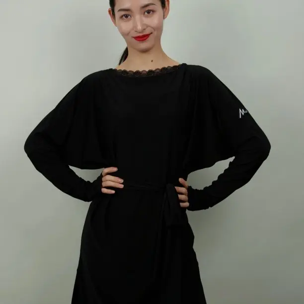 露肩收腰绑带宽松拉丁舞练功连衣裙适合冬天女性