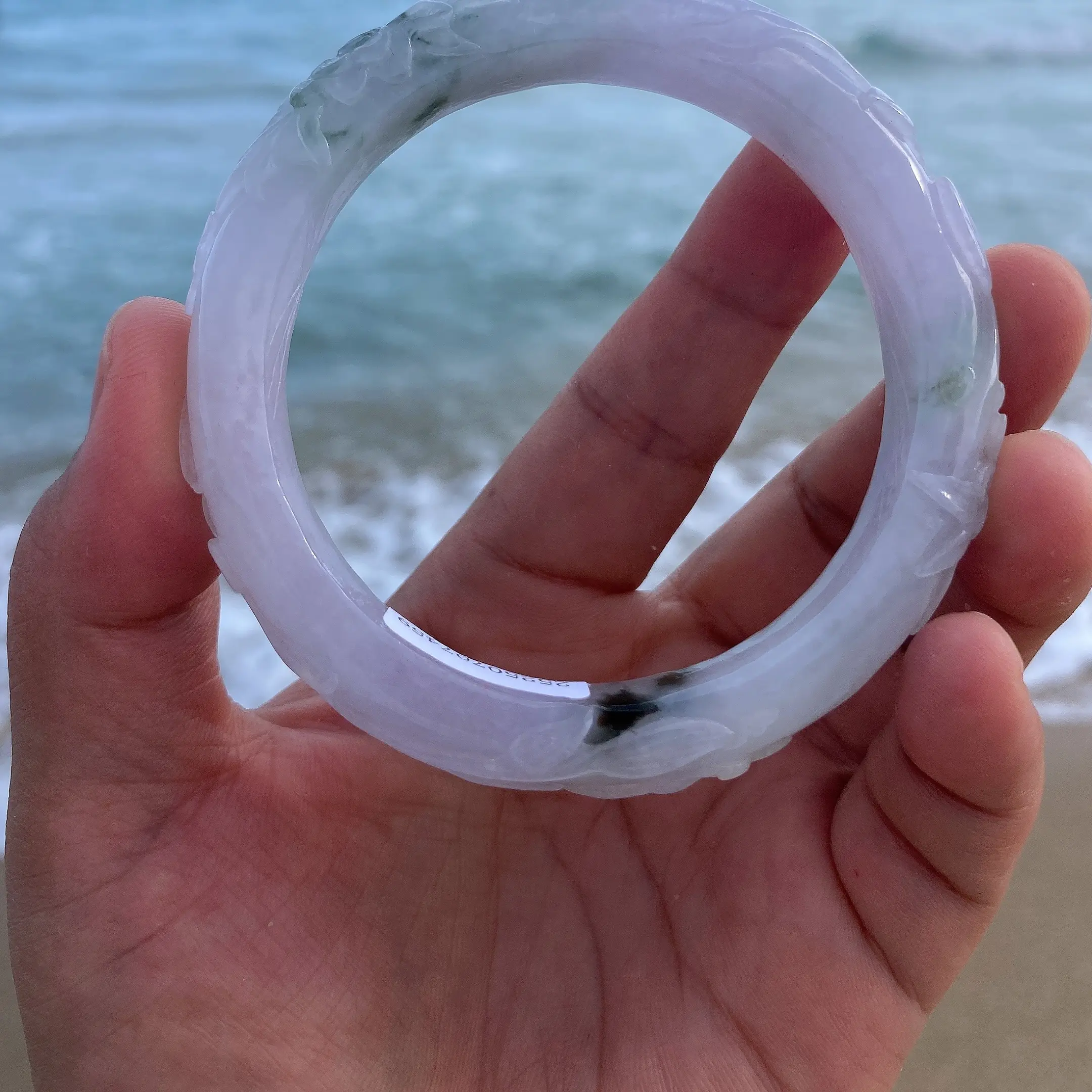 58.5圈淡春彩蝶恋花翡翠手镯套镯  缅甸天然A货翡翠雕花手镯