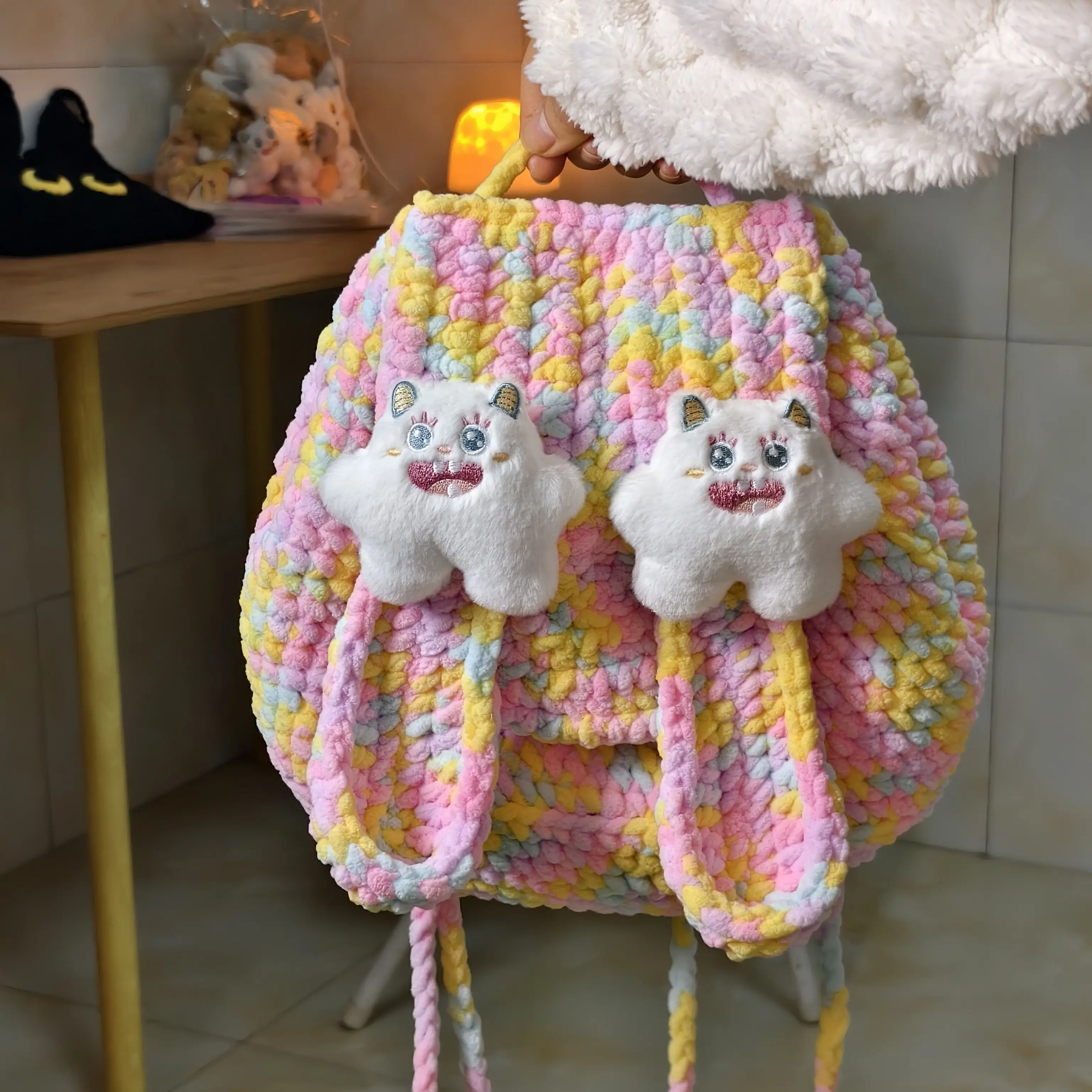 手工毛线钩织奶奶呼呼小兔双肩包成品送女生礼物