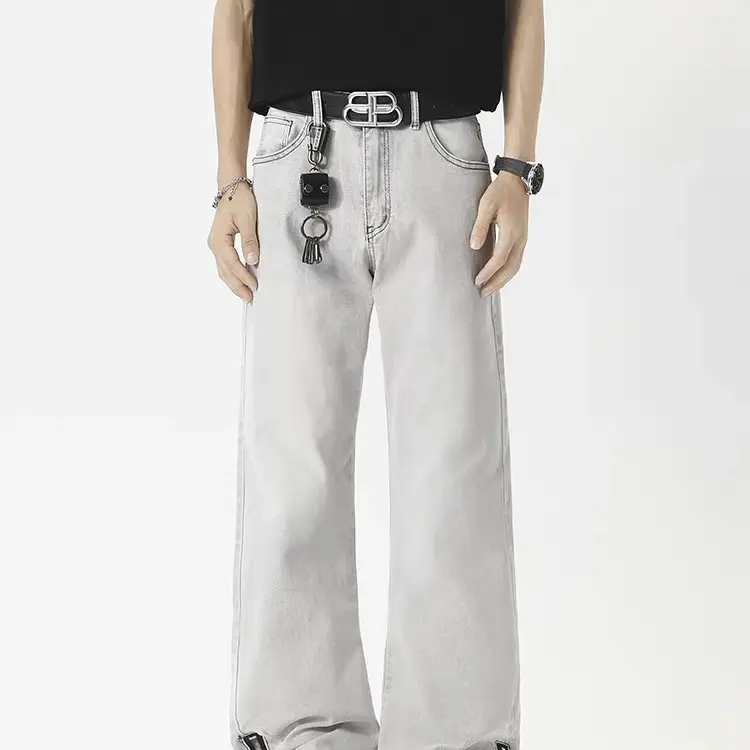 1337【王德发】牛仔裤复古高街水洗泛白直筒裤潮流百搭拉链设计开叉