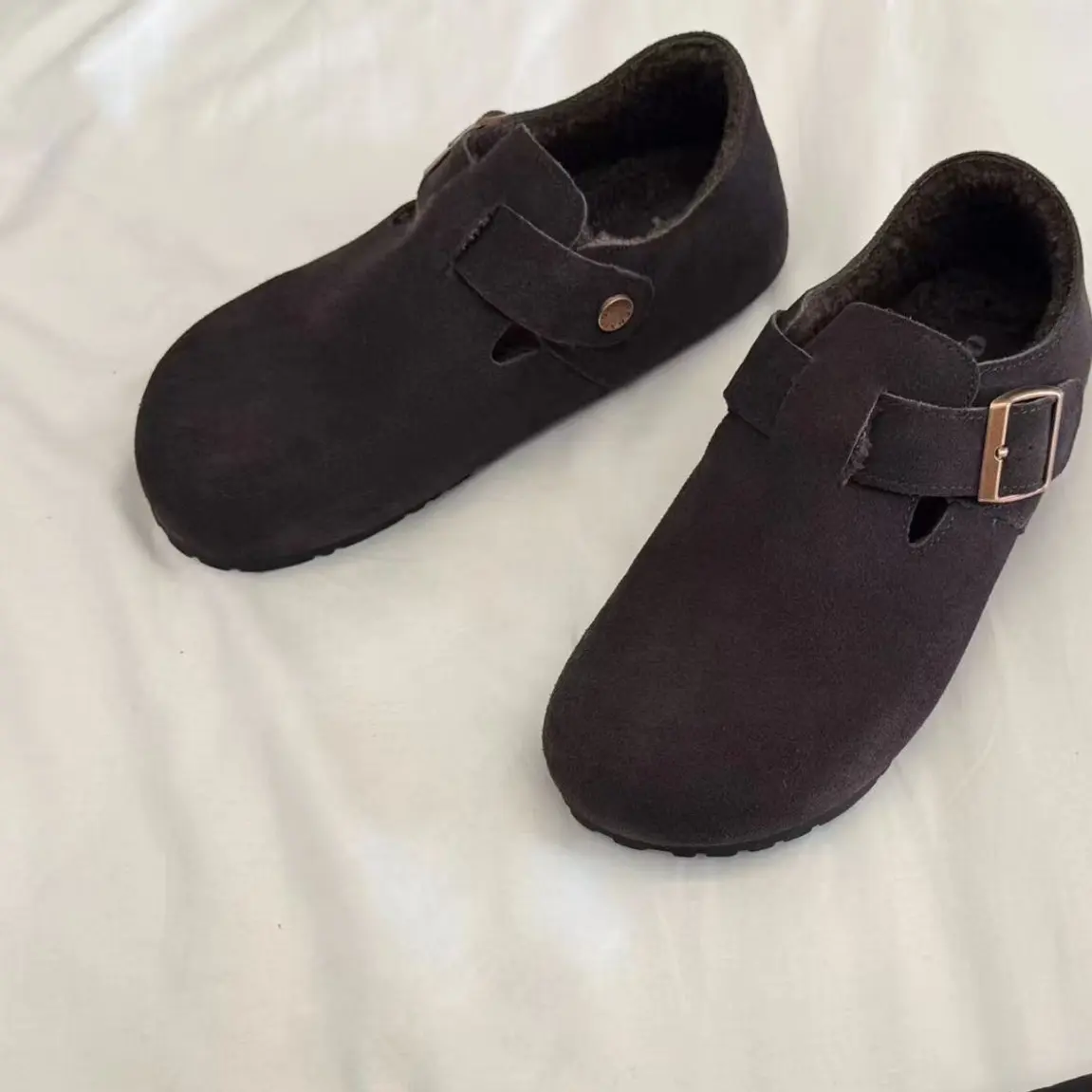 冬季保暖加绒勃肯鞋女秋冬圆头一脚蹬毛呢棉鞋雪地鞋乐福鞋