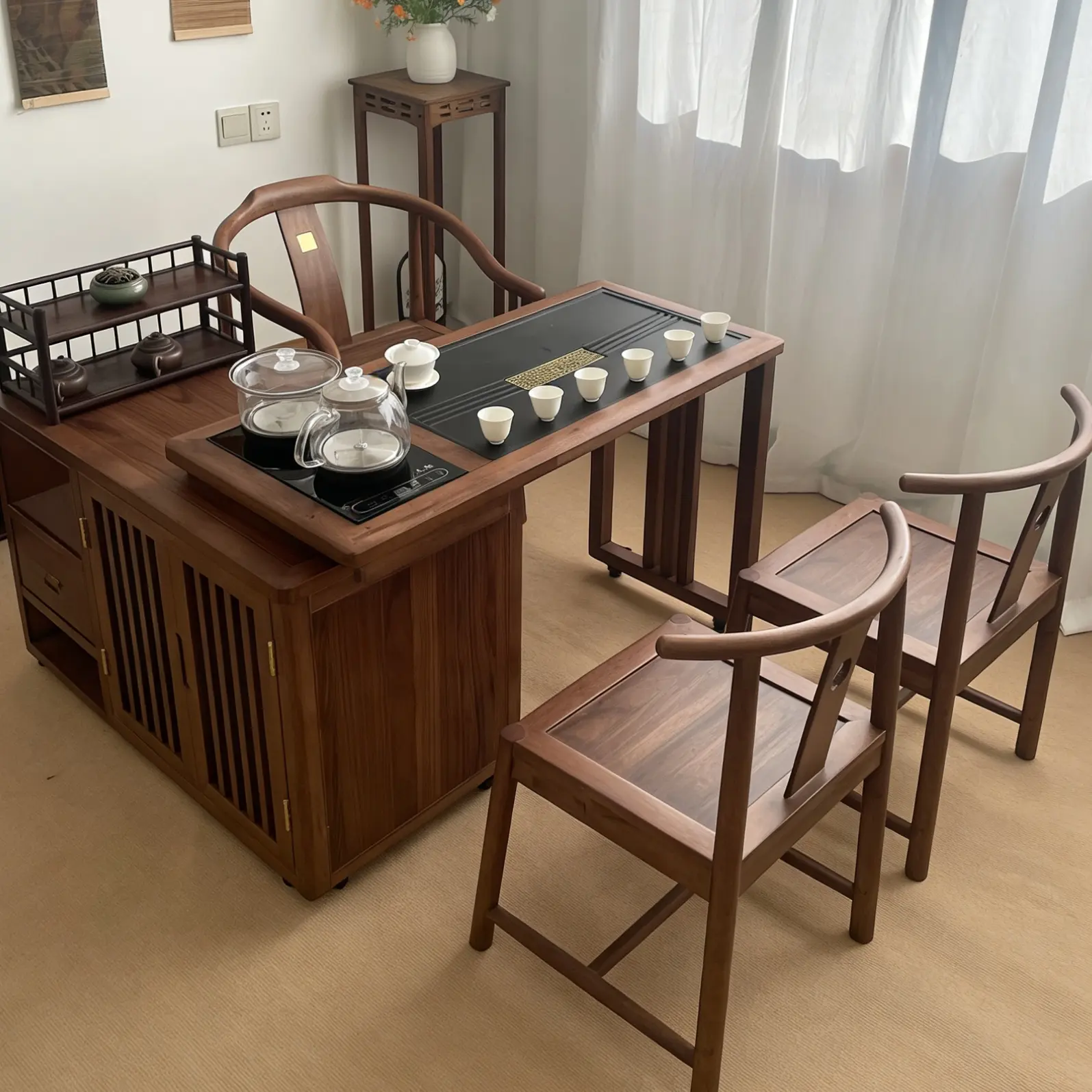 实木旋转中式茶桌茶台阳台小户型家用移动桌椅组合泡茶新中式客厅