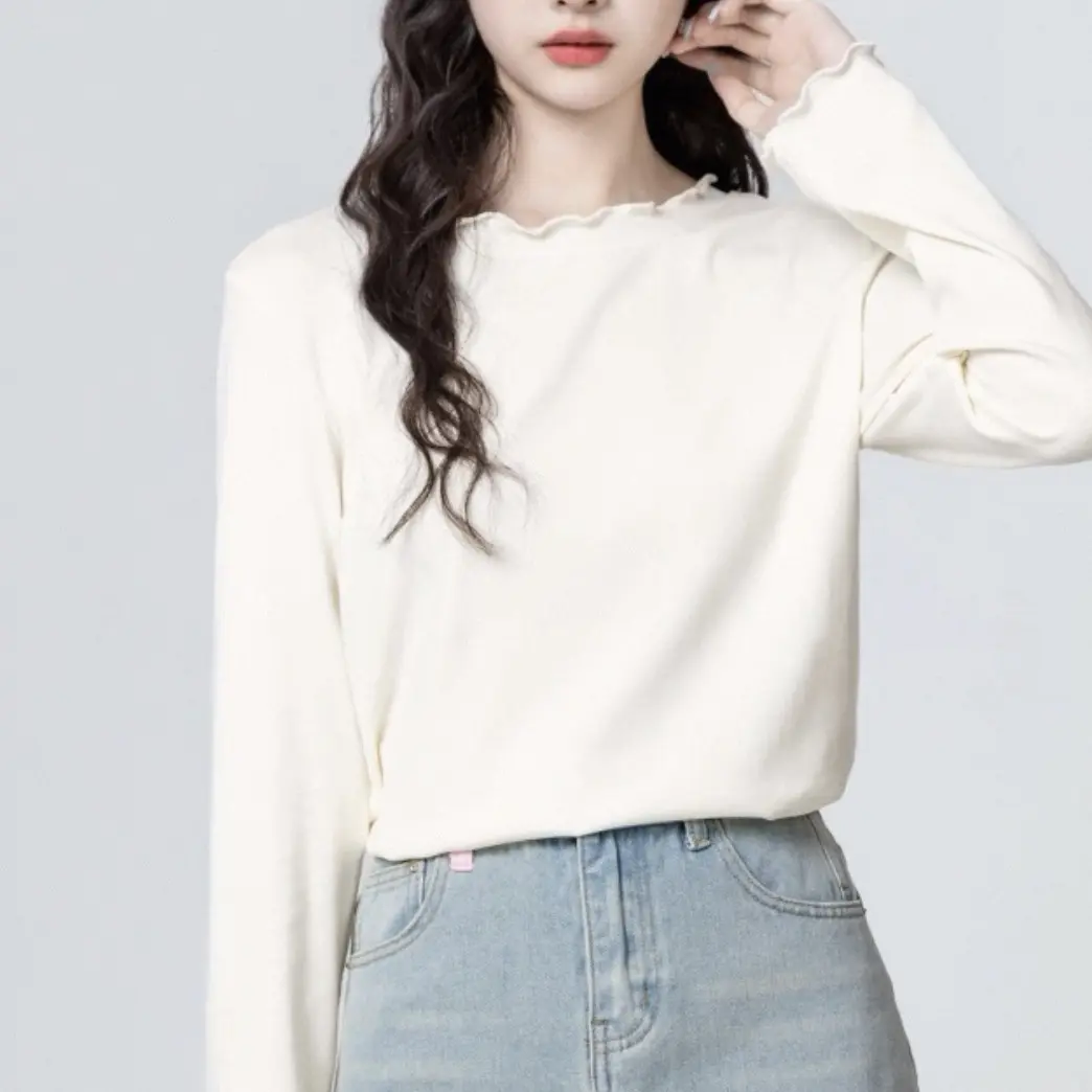 秋季韩系简约风木耳边长袖修身显瘦打底T恤