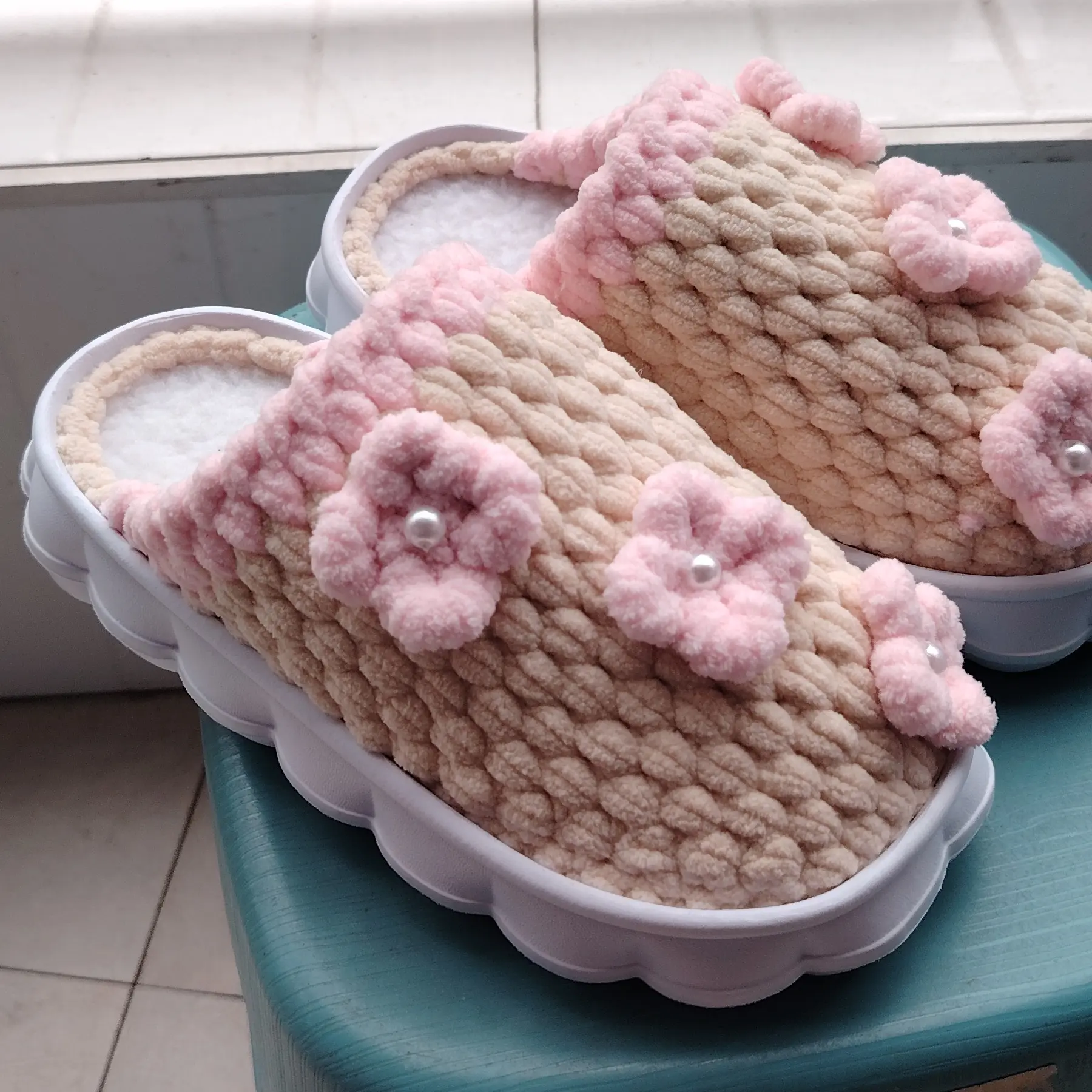 女士秋冬新款室内保暖防滑毛线冰条线拖鞋可外穿