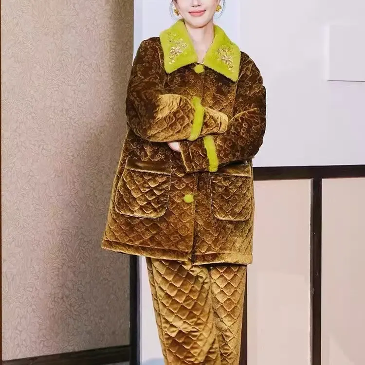 原创ANNU亮片绣花撞色三层夹棉加厚加绒珊瑚绒可外穿冬季保暖家