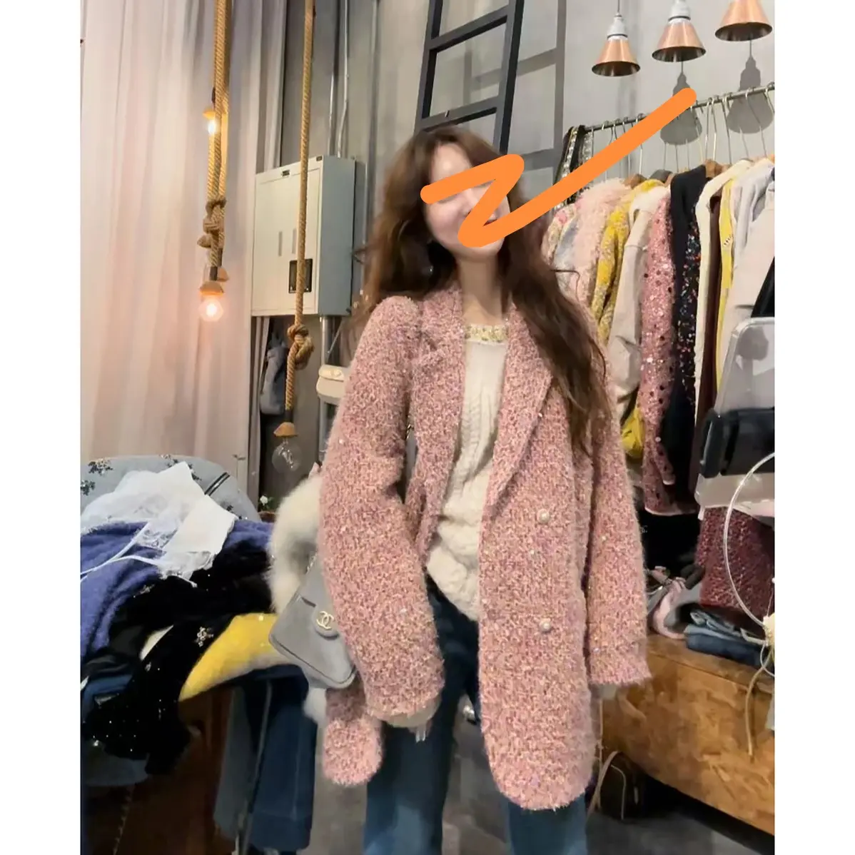 【现货】素拉那里韩系毛绒粗花呢亮片小香风大衣羽绒棉服外套羊