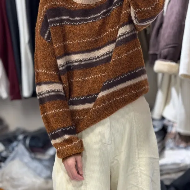 打底衫圆领半高领针织宽松女休闲条纹针织长袖圆领