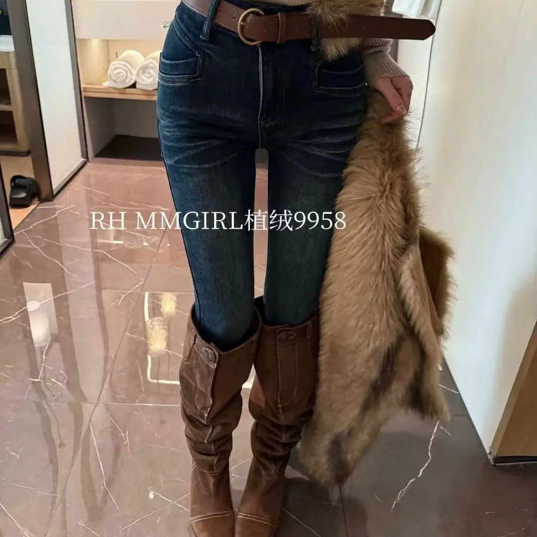 【FF】秋冬加绒高腰做旧植绒显瘦紧身小脚牛仔裤女百搭铅笔裤