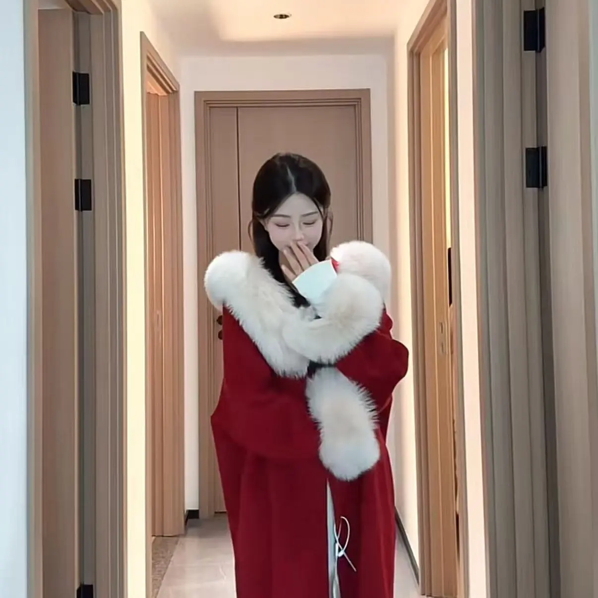 【柏林天使】秋冬中长款双面女大衣毛领高级感红色战袍狐狸毛大衣