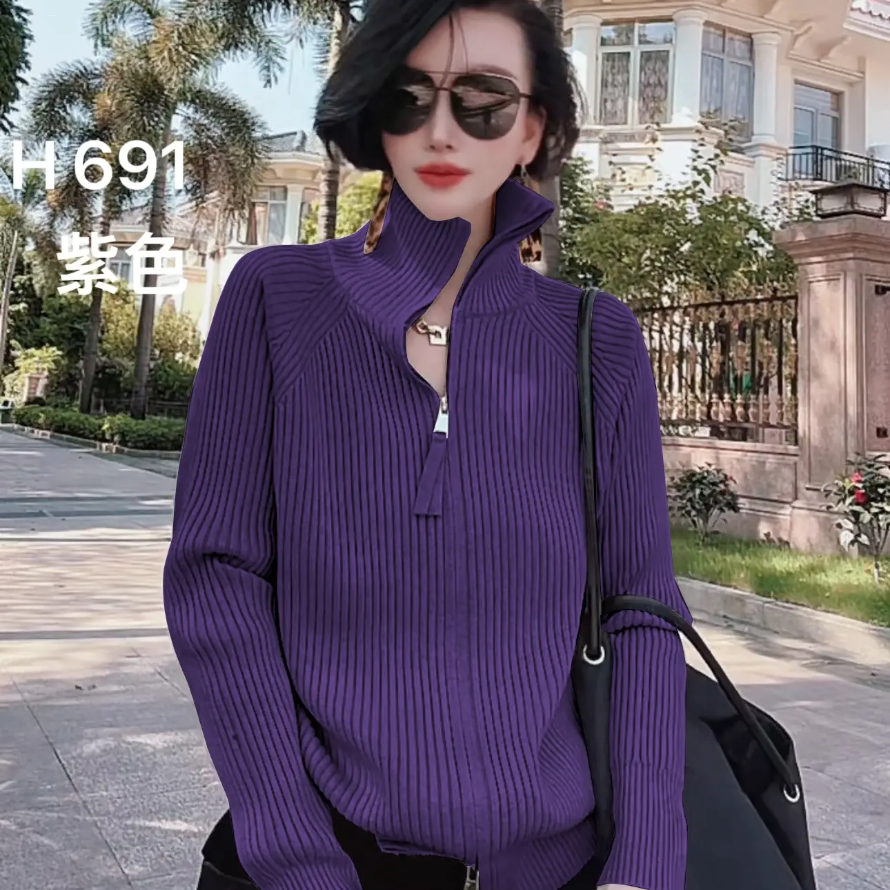 拉链翻领开衫针织衫条纹修身型常规款秋冬季女毛针织衫长袖