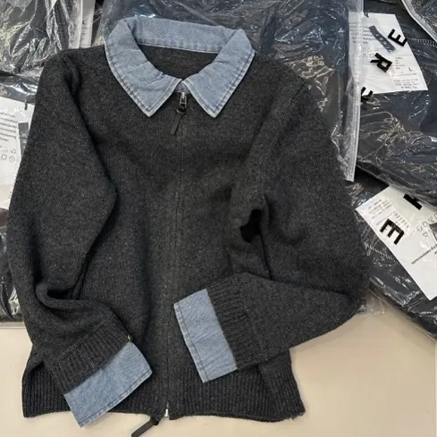 牛仔领拼接针织开衫韩系显瘦百搭双拉链秋冬新款上衣大码58036