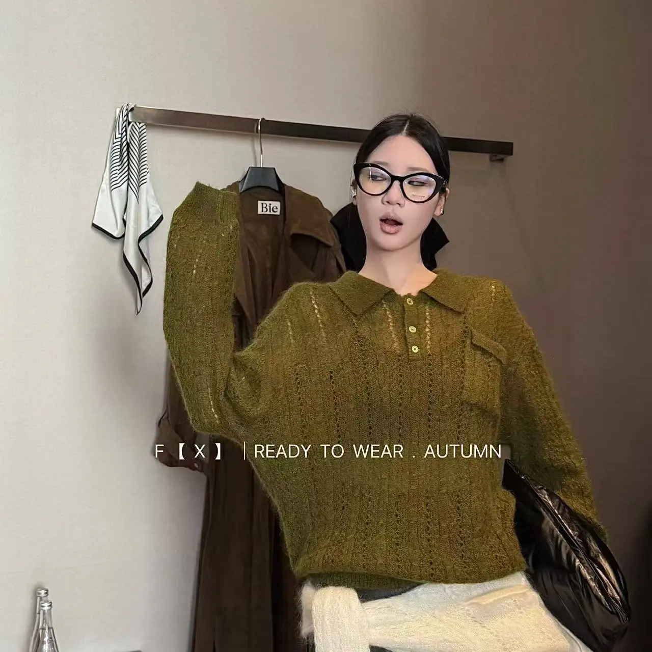 新款法式慵懒POLO翻领镂空针织套头马海毛上衣女早秋