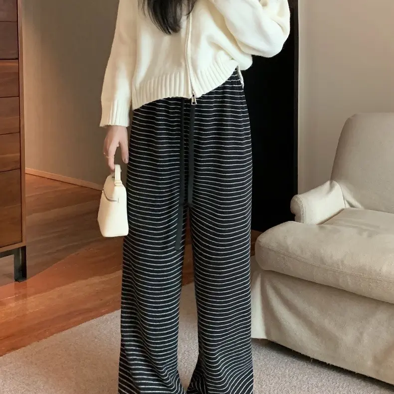 晴宝严秋季条纹高腰垂感休闲百搭宽松显瘦裤子
