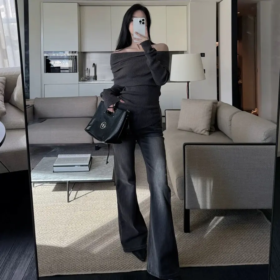 28415修容裤高货加绒加厚黑灰微喇牛仔裤显瘦8021长裤102九分100