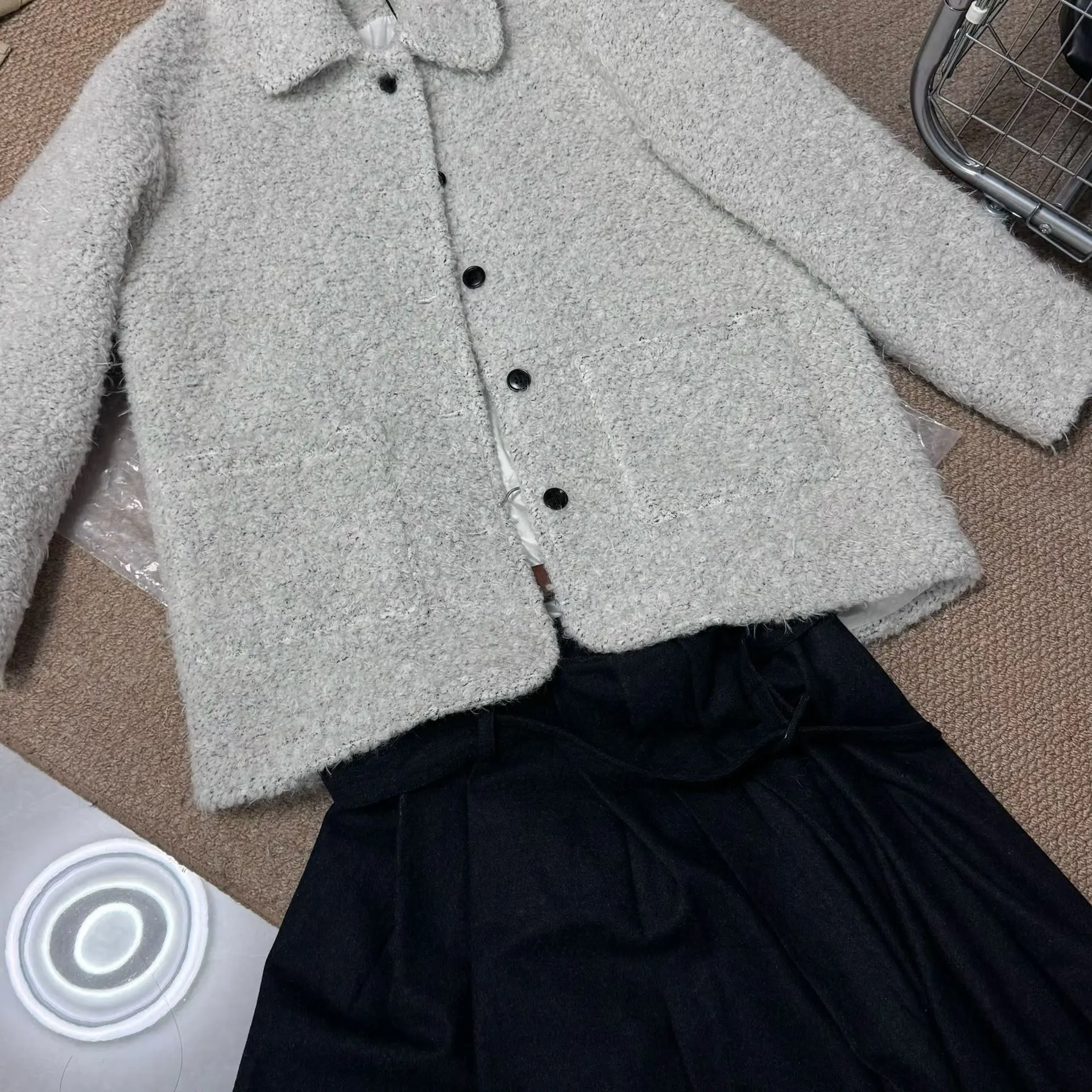 冬季中长米色杂点圈圈毛质感宽松外套