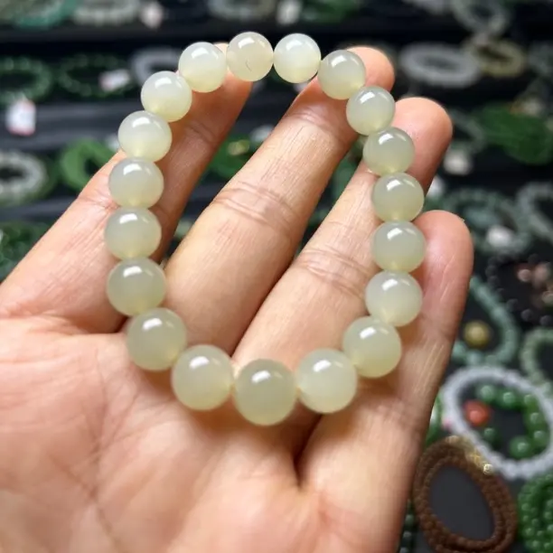 和田玉青海野牛沟圆珠手串女款简约百搭玉石单圈轻奢时尚